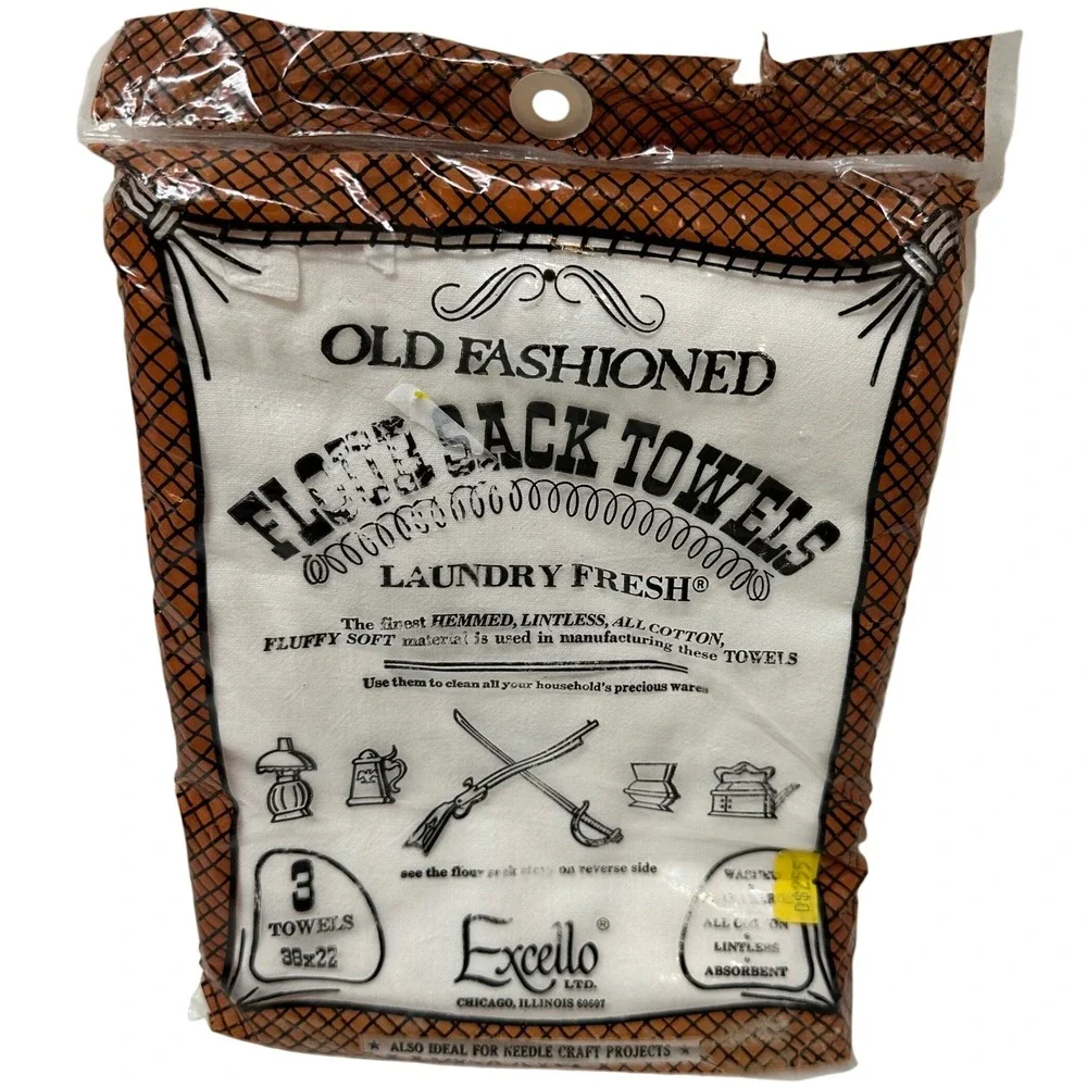 Vtg Excello Ltd Old Fashioned Flour Sack Towels 38x22 White Cotton 3-Pack